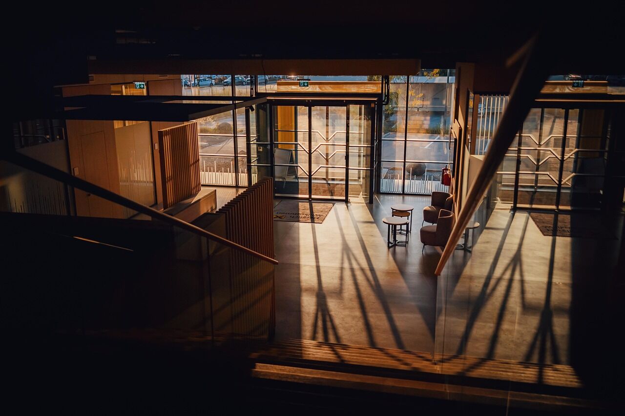 building, door, architecture, entrance, glass, indoors, office, sliding doors, sunlight, tables, work, office, office, office, office, office, work